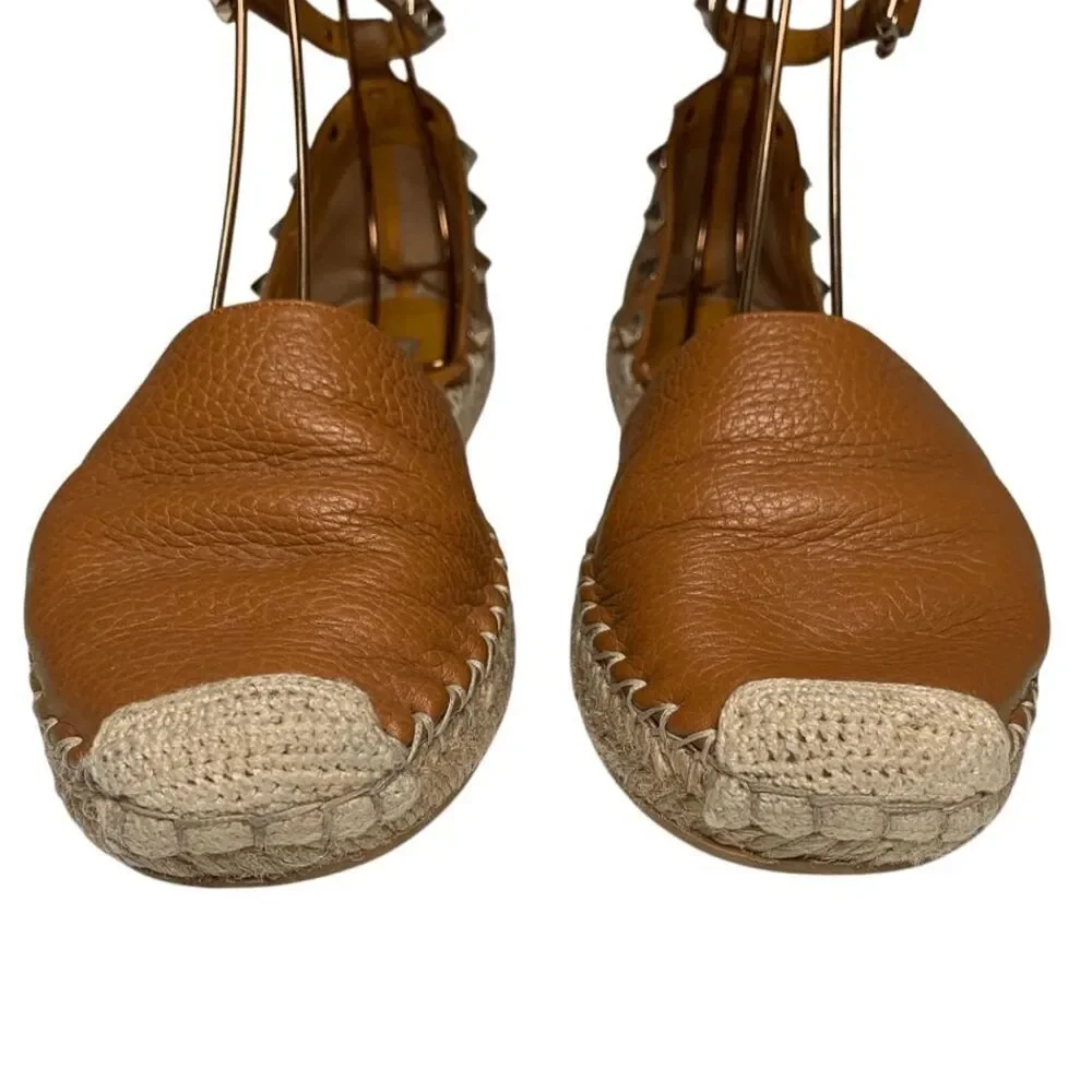 Valentino Garavani Rockstud Espadrille Studded Ankle Wrap Flats EU 37 US 7 Brown